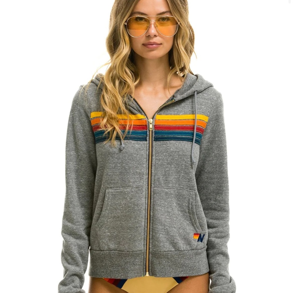 Damaged Aviator Nation 5 STRIPE HOODIE - HEATHER GREY
